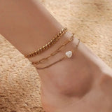 Three-Layer Chain Anklet with Rhinestone and Pearl for Women