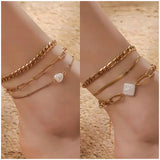 Three-Layer Chain Anklet with Rhinestone and Pearl for Women