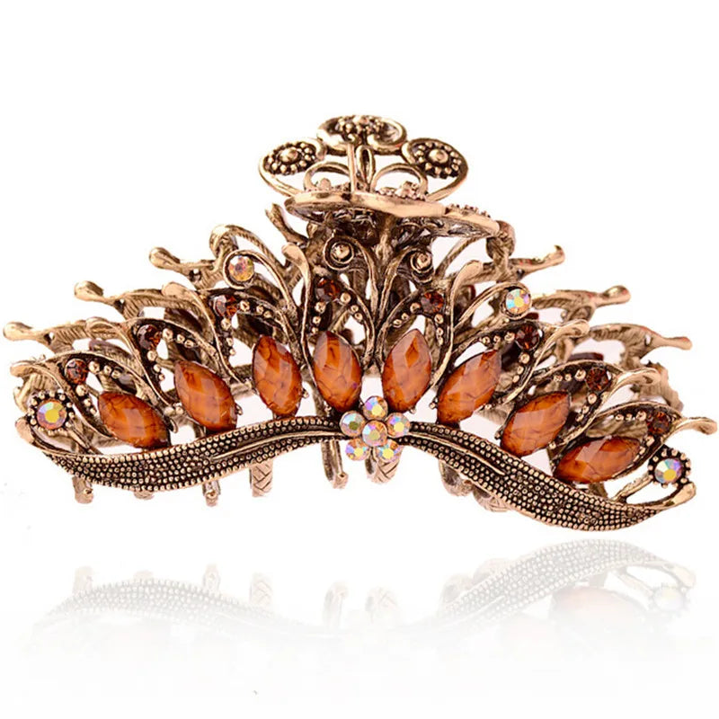 Vintage Butterfly Hair Claw Resin Crystal Flower Clip