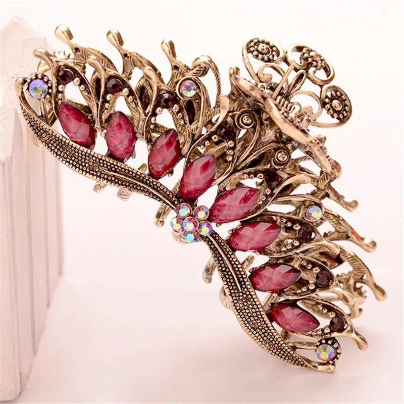 Vintage Butterfly Hair Claw Resin Crystal Flower Clip