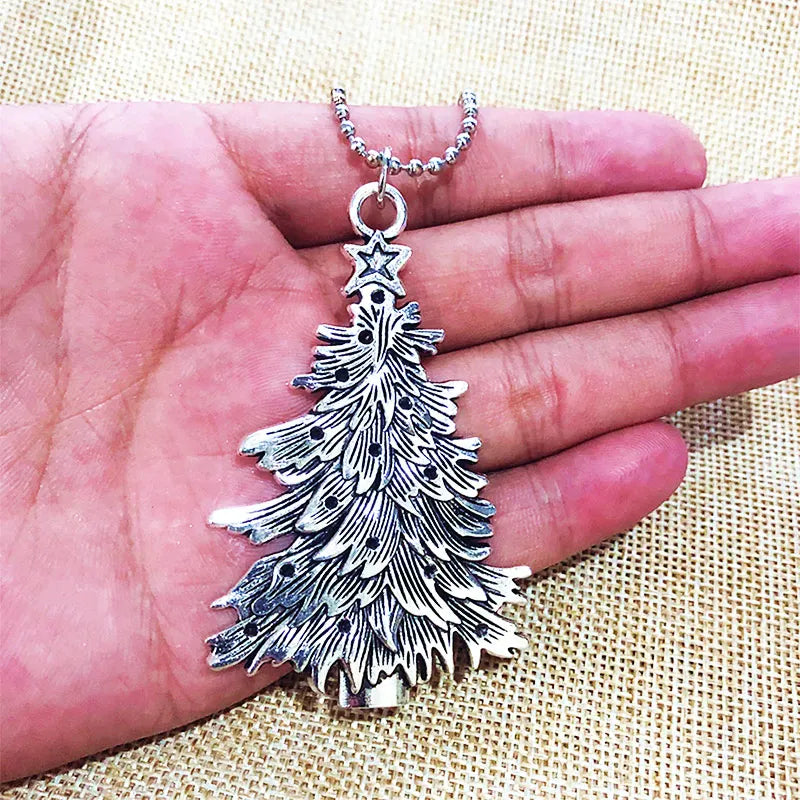 Antique Silver Christmas Tree Pendant Necklace For Women
