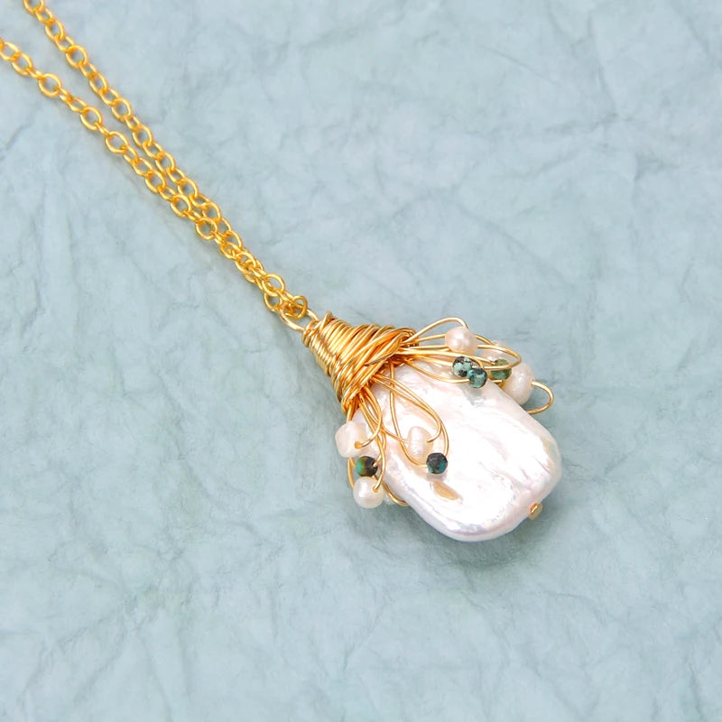 Baroque Freshwater Pearl Charms Copper Wire Wrap Pendant Necklace