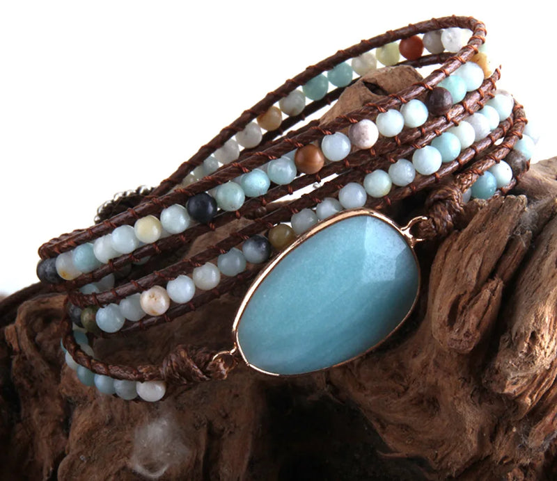 Boho Beaded Bracelet Natural Stones 3 Strands Wrap
