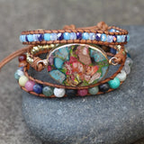 Boho Colorful Natural Stones Charm Bracelet Leather Wrap
