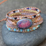 Boho Colorful Natural Stones Charm Bracelet Leather Wrap