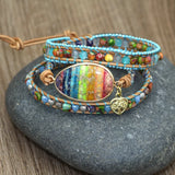 Boho Colorful Natural Stones Charm Bracelet Leather Wrap