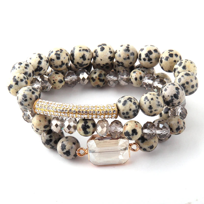 3pc Bracelet Set - Natural Stone & Glass Crystal Pave Bracelets