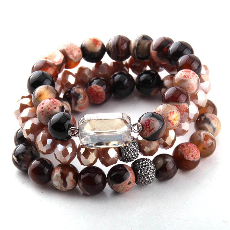 3pc Brown Bracelet Set - Stone & Glass Crystal Pave Bracelets