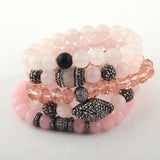5pc Beige Bracelet Set Natural Stone & Glass Crystal Pave Bracelets