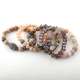 5pc Beige Bracelet Set Natural Stone & Glass Crystal Pave Bracelets