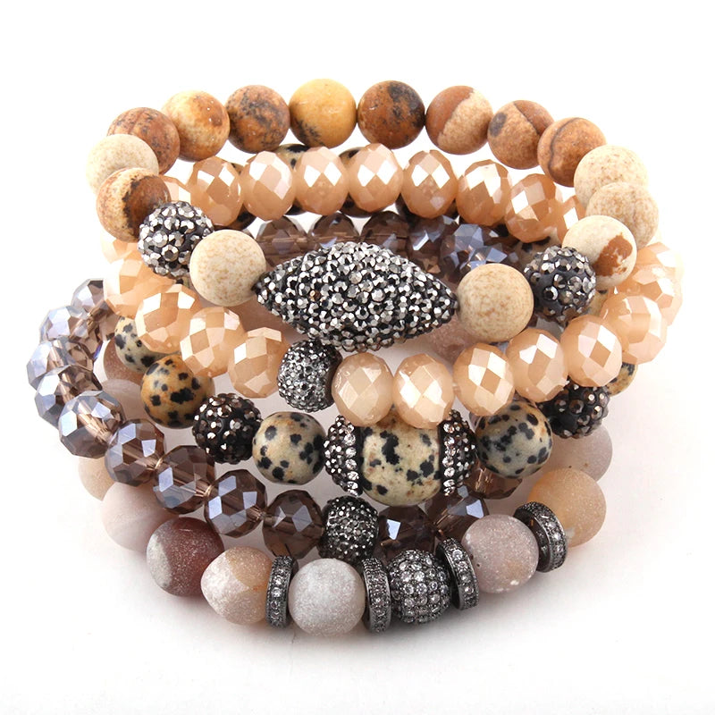 5pc Beige Bracelet Set Natural Stone & Glass Crystal Pave Bracelets