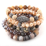 5pc Beige Bracelet Set Natural Stone & Glass Crystal Pave Bracelets