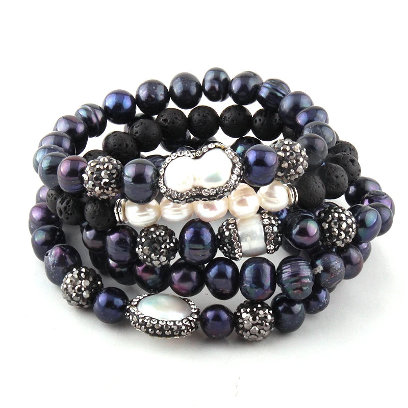 5pc Black/White Bracelet Set Freshwater Pearl & Paved Handmade Bracelets