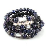 5pc Black/White Bracelet Set Freshwater Pearl & Paved Handmade Bracelets