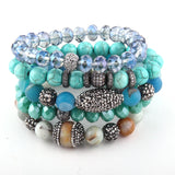 5pc Blue/Red/Multi Bracelet Set Natural Stone & Glass Crystal Pave Bracelets