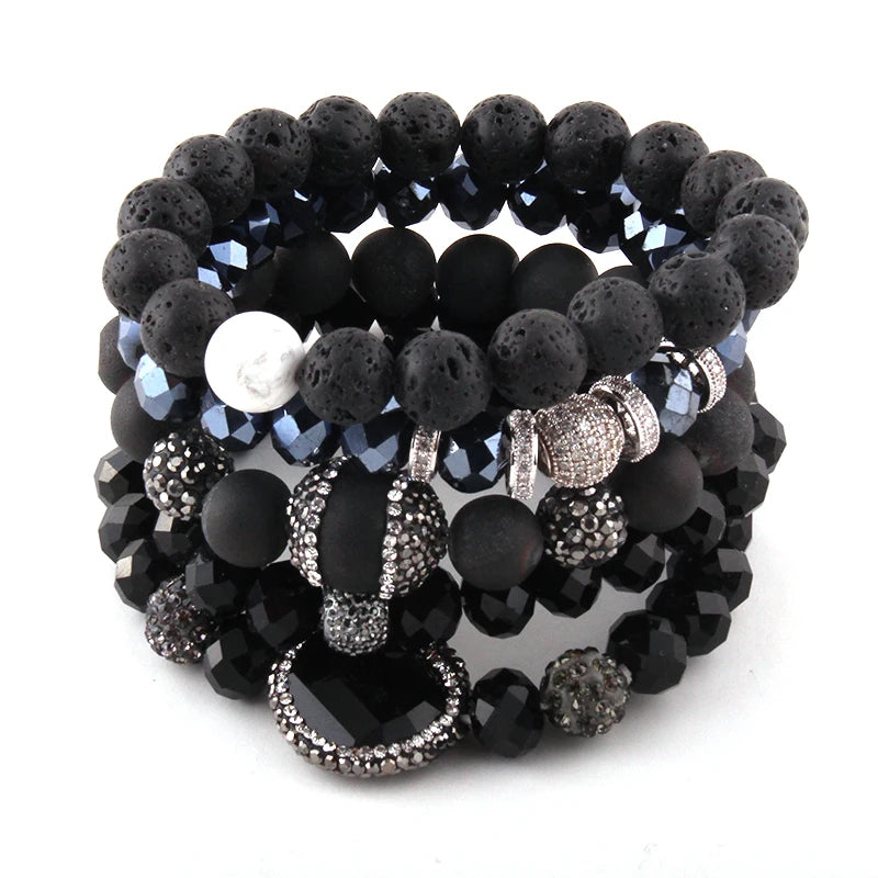 Natural Stone & Glass Crystal Pave Bracelet Set 5pc