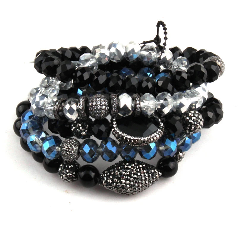 Natural Stone & Glass Crystal Pave Bracelets Set