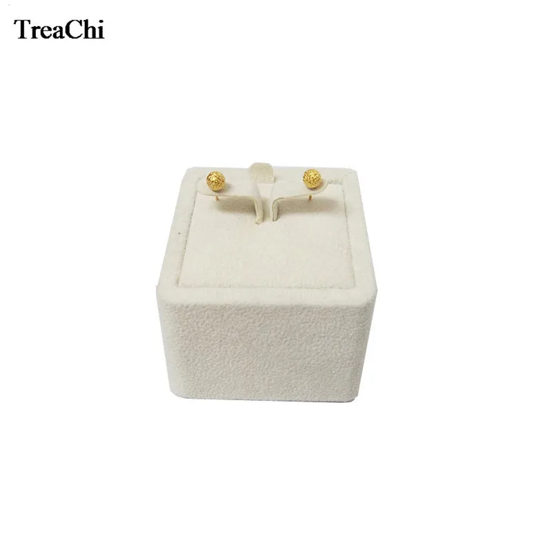 Beige Velvet Stud Jewelry Display Tower Wooden Earring Holder