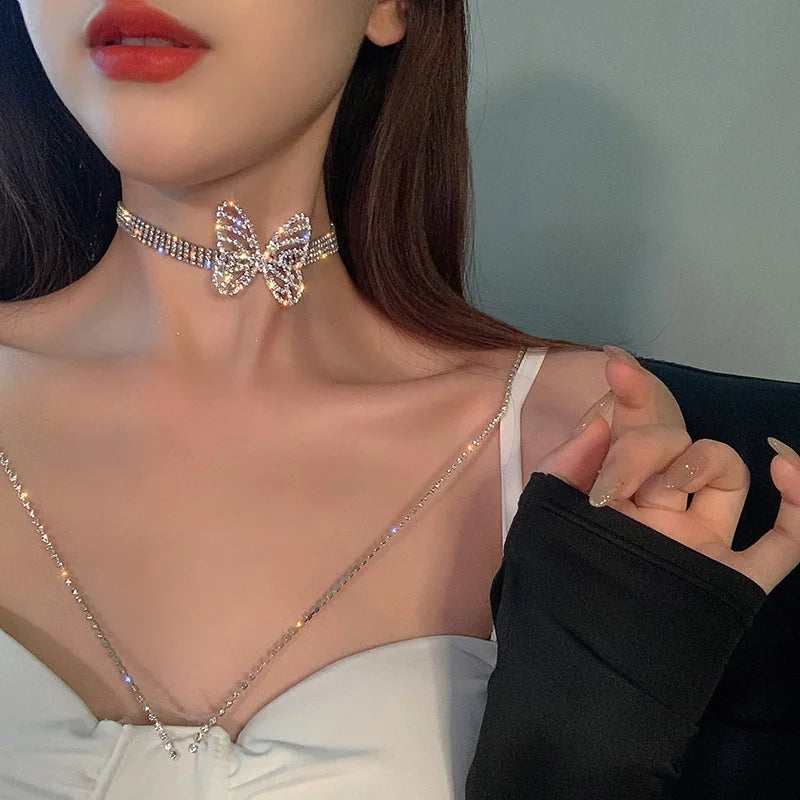 Vintage Butterfly Necklace Rhinestone Chain for Women