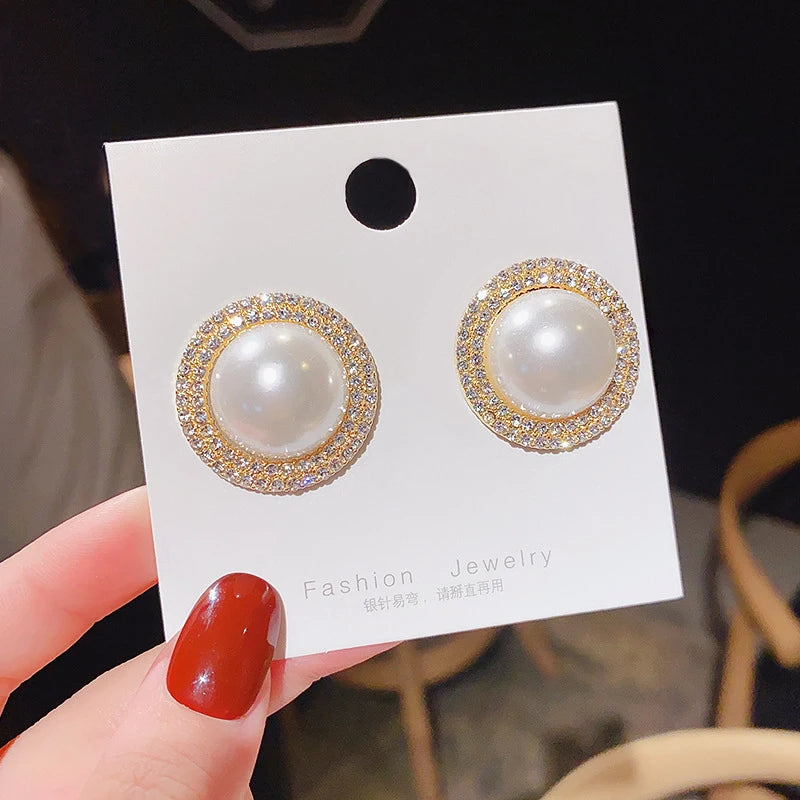 Big Pearl Crystal Ear Clips Statement Earrings