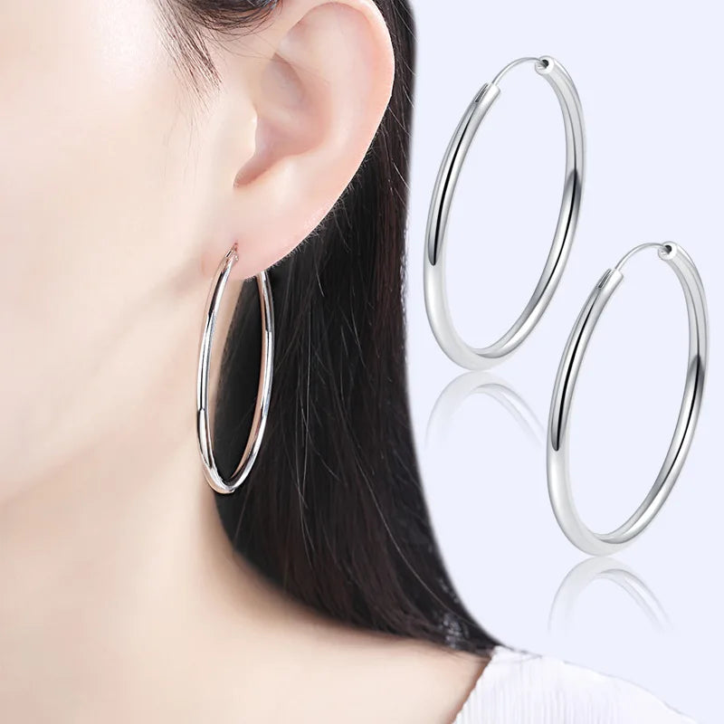 925 Sterling Silver Big Ear Hoop Earrings, Glossy Female Charm Jewelry Gift