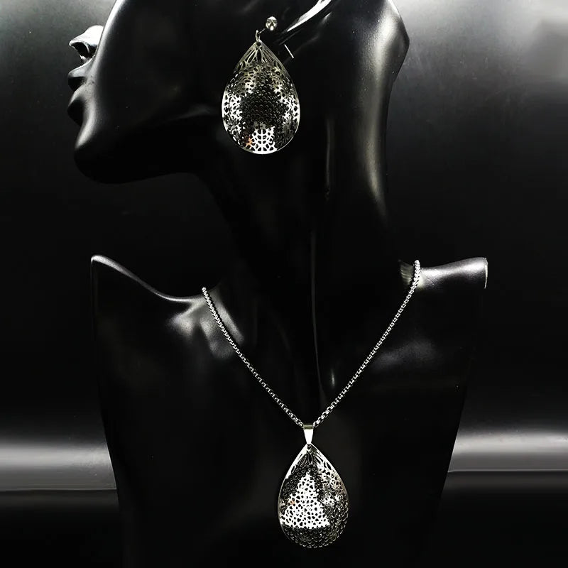 Stainless Steel Women's Jewelry Set Silver Necklace Earrings