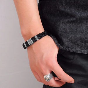 Woven Leather Bracelet Titanium Steel Men Bangle Vintage Gift