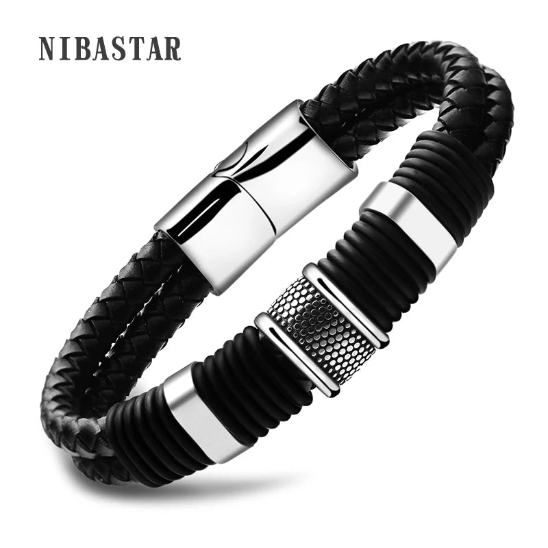 Woven Leather Bracelet Titanium Steel Men Bangle Vintage Gift
