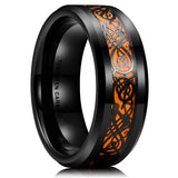Tungsten Wedding Ring Celtic Dragon Inlay Orange Carbon Fiber