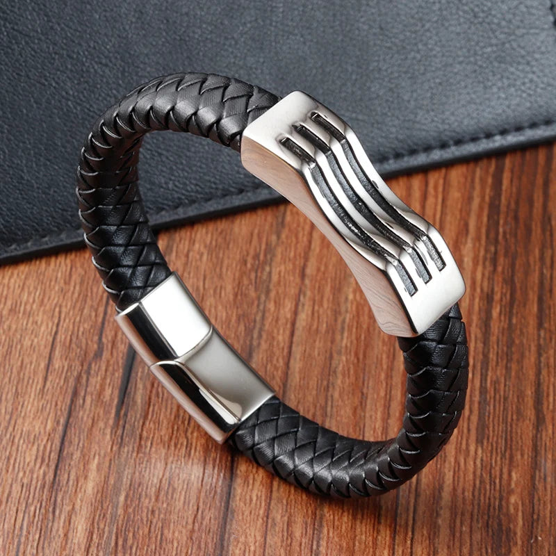 Men's Leather Bracelet Stainless Steel Jewelry Two-tier Charm Bangle