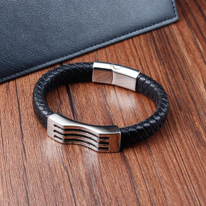 Men's Leather Bracelet Stainless Steel Jewelry Two-tier Charm Bangle