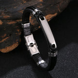 Leather Rope Bracelet Men Bangle Stainless Steel Wristband PS1226