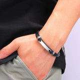 Leather Rope Bracelet Men Bangle Stainless Steel Wristband PS1226