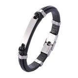 Leather Rope Bracelet Men Bangle Stainless Steel Wristband PS1226