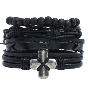 Cross Beads Charm Leather Cuff Bracelet Set