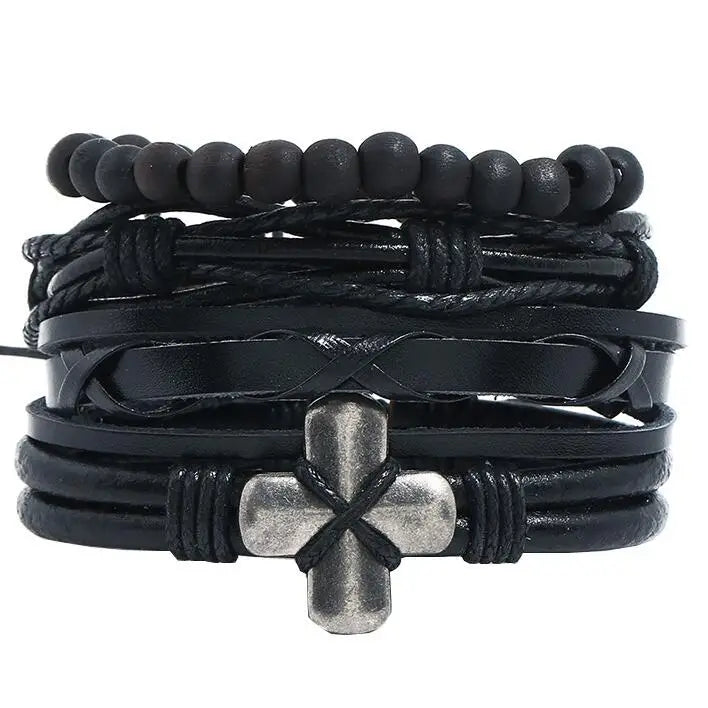 Cross Beads Charm Leather Cuff Bracelet Set