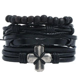 Cross Beads Charm Leather Cuff Bracelet Set