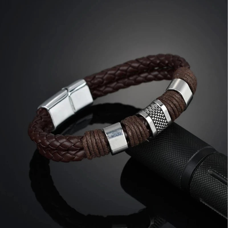 Titanium Leather Bracelet Stainless Steel Magnet Clasp