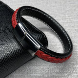 Red Leather Bracelet Men Wristband Stainless Steel Magnetic Buckle