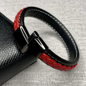 Red Leather Bracelet Men Wristband Stainless Steel Magnetic Buckle