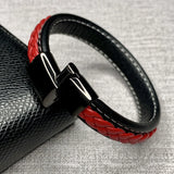 Red Leather Bracelet Men Wristband Stainless Steel Magnetic Buckle