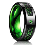 Men's Tungsten Celtic Dragon Wedding Ring Green Zircon Inlay