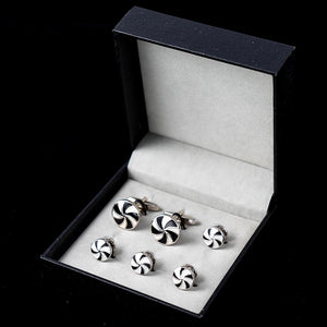 Stripe Tuxedo Cufflinks and Studs Set Round Cuff Buttons For Mens