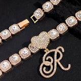 Cursive Letter Initial Tennis Chain Necklace Hip Hop Iced Out Crystal Cuban Link