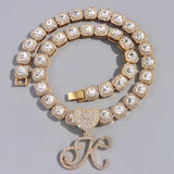 Cursive Letter Initial Tennis Chain Necklace Hip Hop Iced Out Crystal Cuban Link
