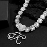 Cursive Letter Initial Tennis Chain Necklace Hip Hop Iced Out Crystal Cuban Link