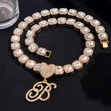 Cursive Letter Initial Tennis Chain Necklace Hip Hop Iced Out Crystal Cuban Link