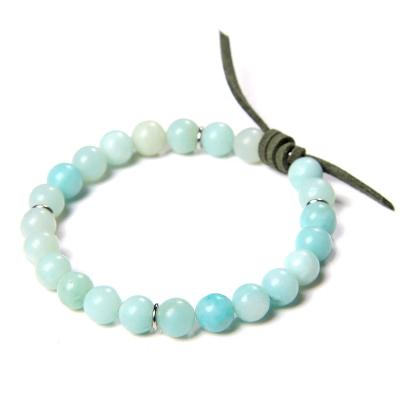 Amazonite Beads Bracelets Stretch Leather Charm Alabaster Stone