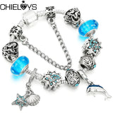 Crystal Starfish Beads Bracelet & Dolphin Pendant Snake Chain Charm Bracelet