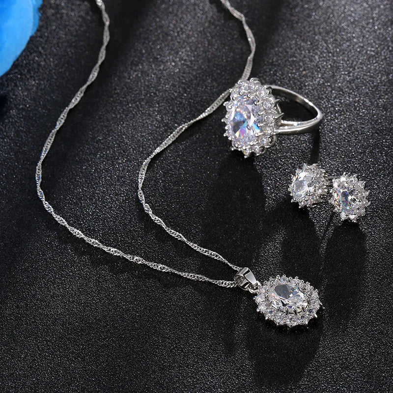Crystal Stone Wedding Jewelry Sets For Brides Silver Necklace Set